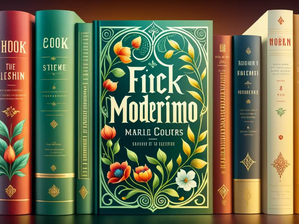 Una colección de cubiertas de libros modernistas, con motivos florales y tipografía fluida en vibrantes colores