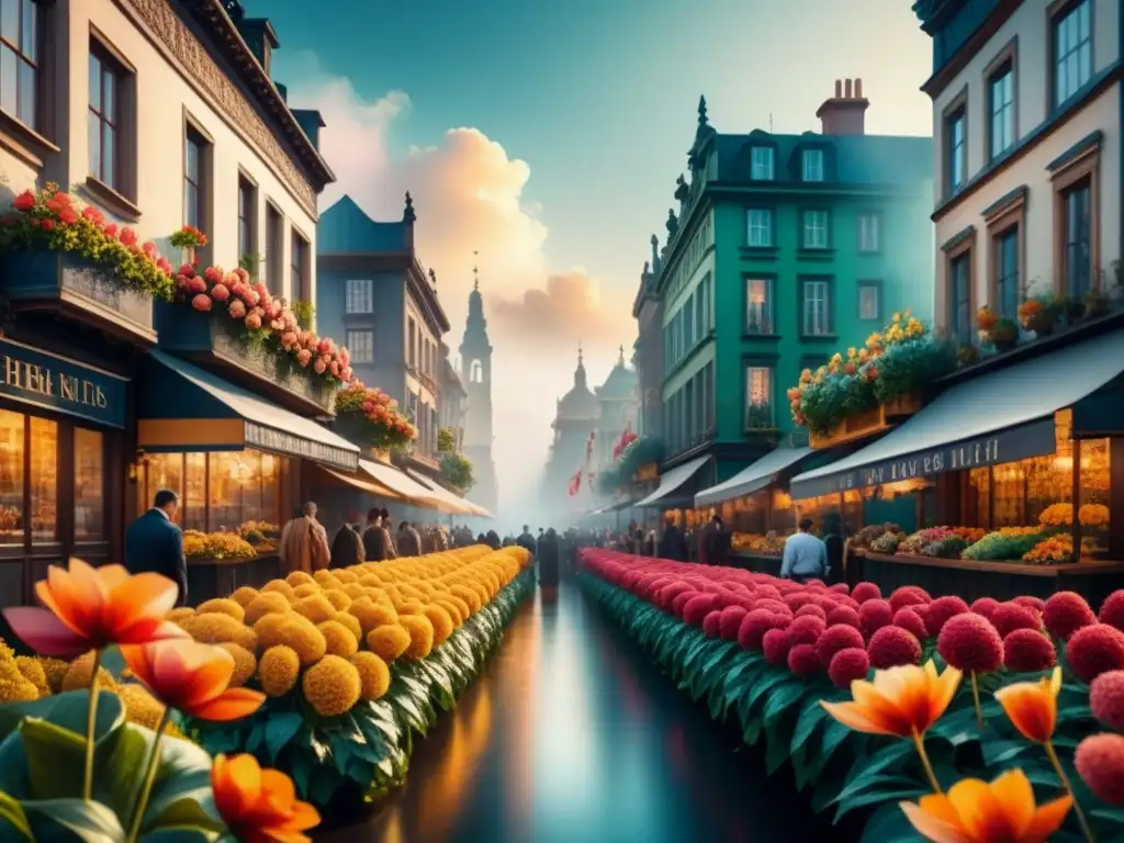 Acuarela urbana surrealista: ciudad dinámica con elementos oníricos Collage como expresión arte contemporáneo: Pintura acuarela detallada con elementos surrealistas y ciudad dinámica