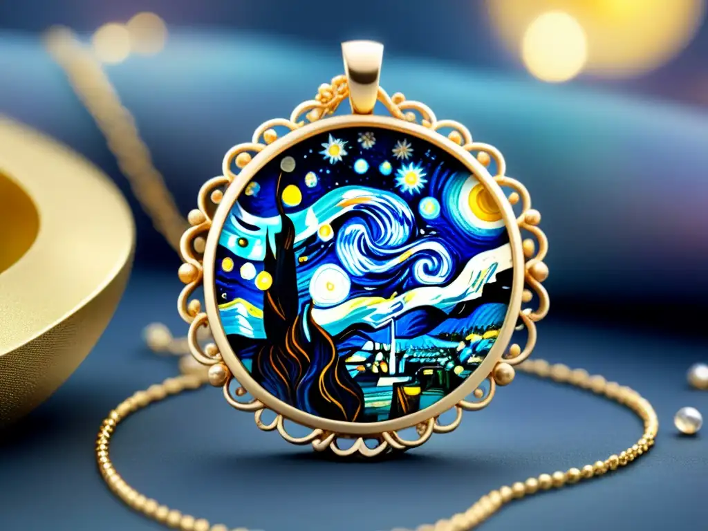 Collar moderno inspirado en 'La noche estrellada' de Van Gogh Collar de joyería inspirada en obras de arte con gemas brillantes y filigranas doradas, evocando la noche estrellada de Van Gogh