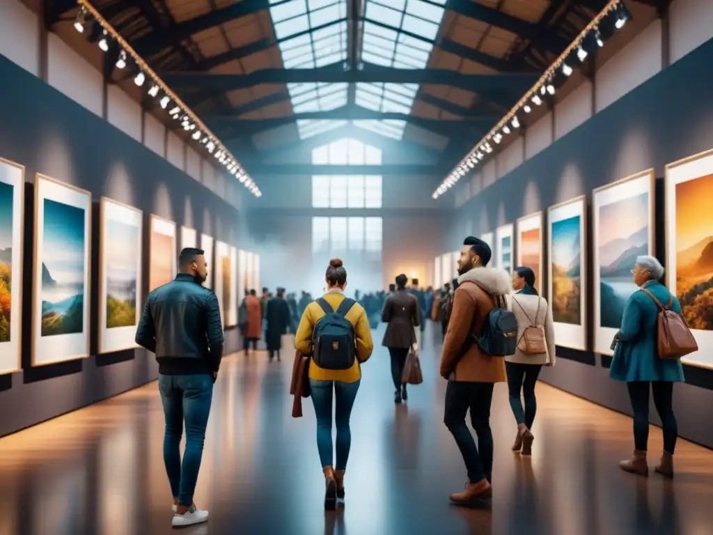 Una colorida exposición de arte cultural en una sala bulliciosa, con visitantes explorando diversas obras con expresiones de asombro y contemplación