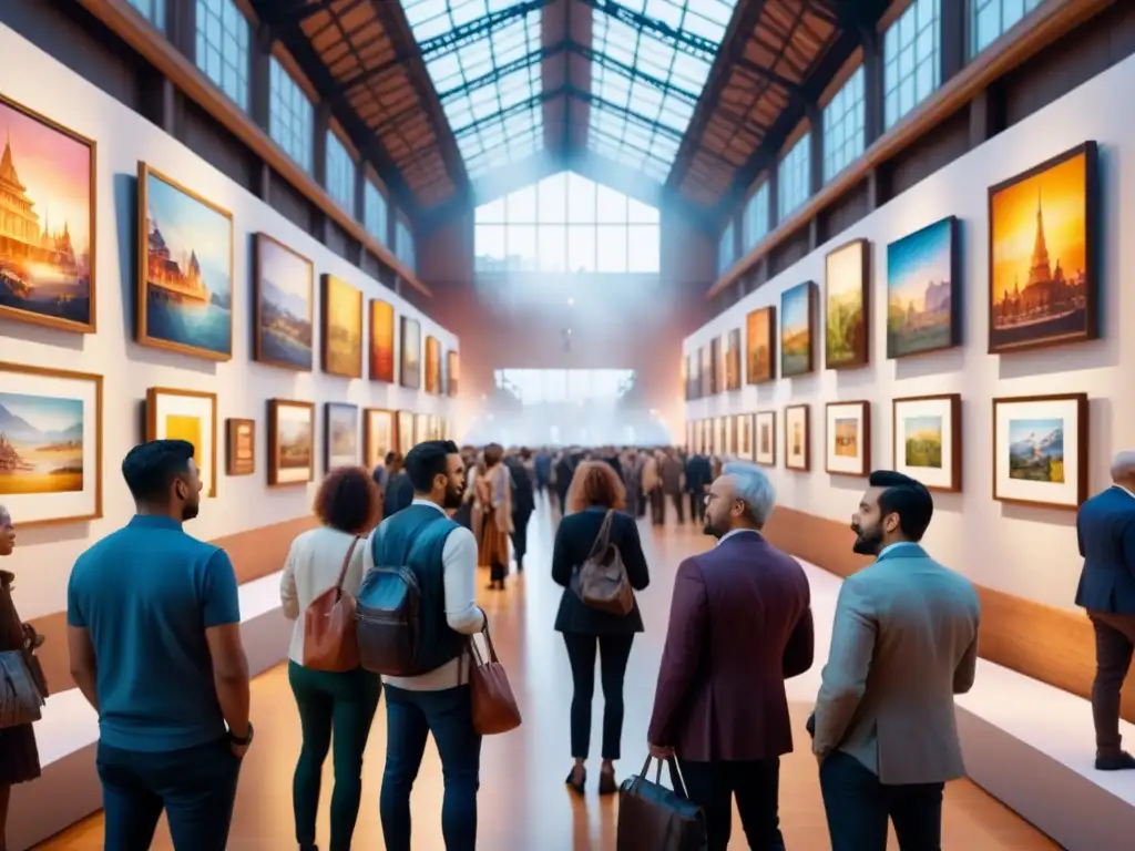 Una colorida ilustración acuarela de un bullicioso salón de exposiciones con diseños diversos y visitantes de todas las edades y orígenes