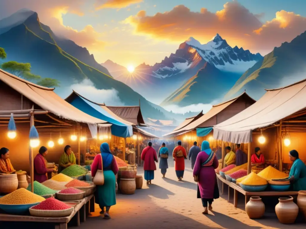 Una colorida escena de mercado con arte indígena auténtico tradicional historia en un paisaje montañoso