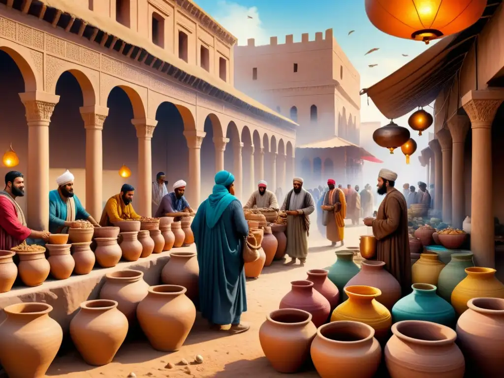 Colorida escena de mercado en Mesopotamia antigua con pigmentos en vasijas decoradas