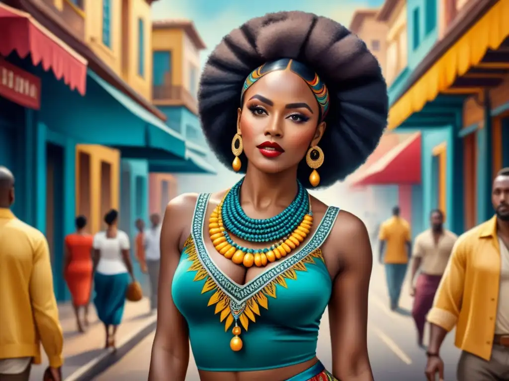 Una colorida obra de arte AfroLatino que fusiona elementos tradicionales africanos y latinoamericanos, mostrando historia, resistencia y belleza