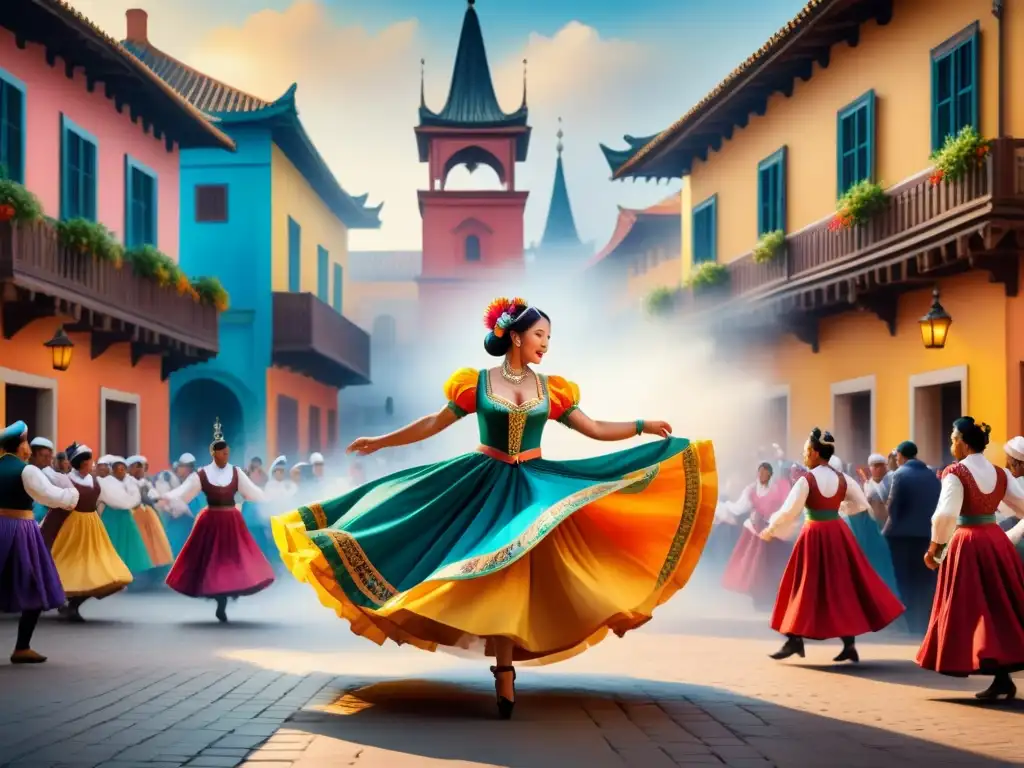 Una colorida pintura acuarela que muestra una animada danza folclórica en la plaza del pueblo