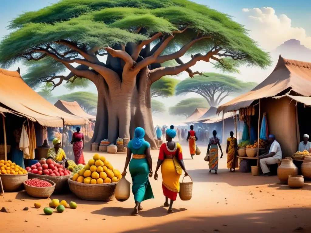 Una colorida pintura acuarela de un animado mercado africano