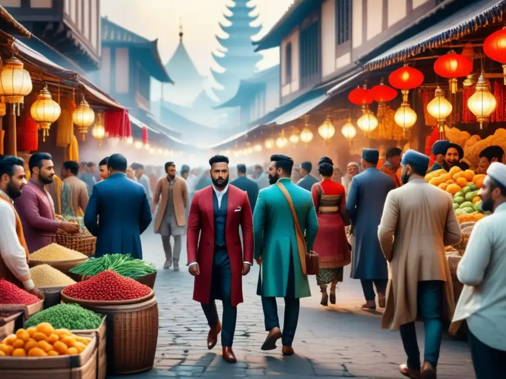 Mercado multicultural: una colorida sinfonía de culturas Una colorida pintura de acuarela que muestra una intersección cultural en un bullicioso mercado, capturando la diversidad y la unidad