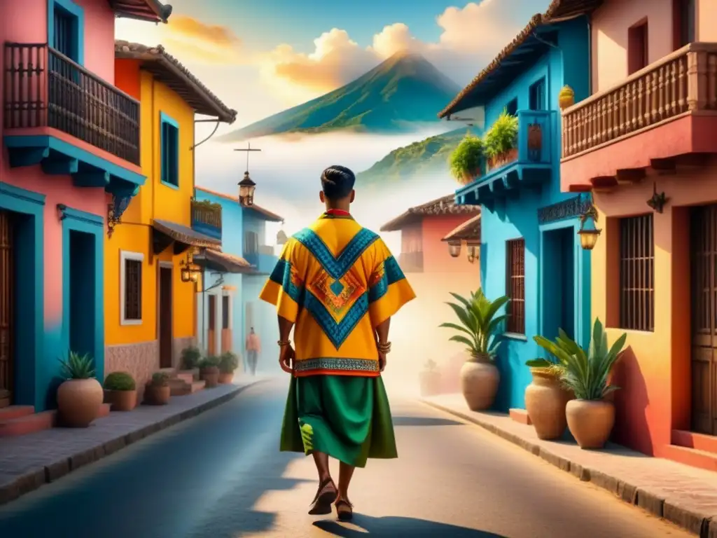 Una colorida pintura acuarela que fusiona motivos latinoamericanos con influencias globales, representando el arte contemporáneo latinoamericano en un crisol de colores y detalles intrincados