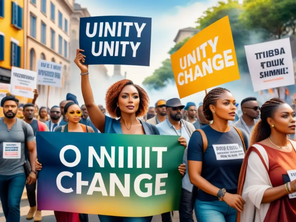 Un colorido cuadro en acuarela que muestra a personas diversas unidas en un protesta pacífica, con pancartas promoviendo la unidad y el cambio social