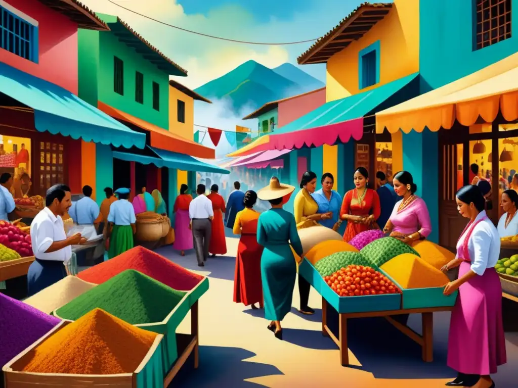 Colorido mercado latinoamericano con artesanías y textiles en una pintura acuarela detallada