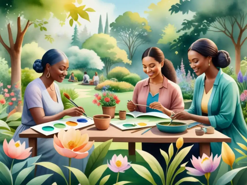 Comunidad unida en proyectos artísticos, fomentando salud mental en sereno jardín
