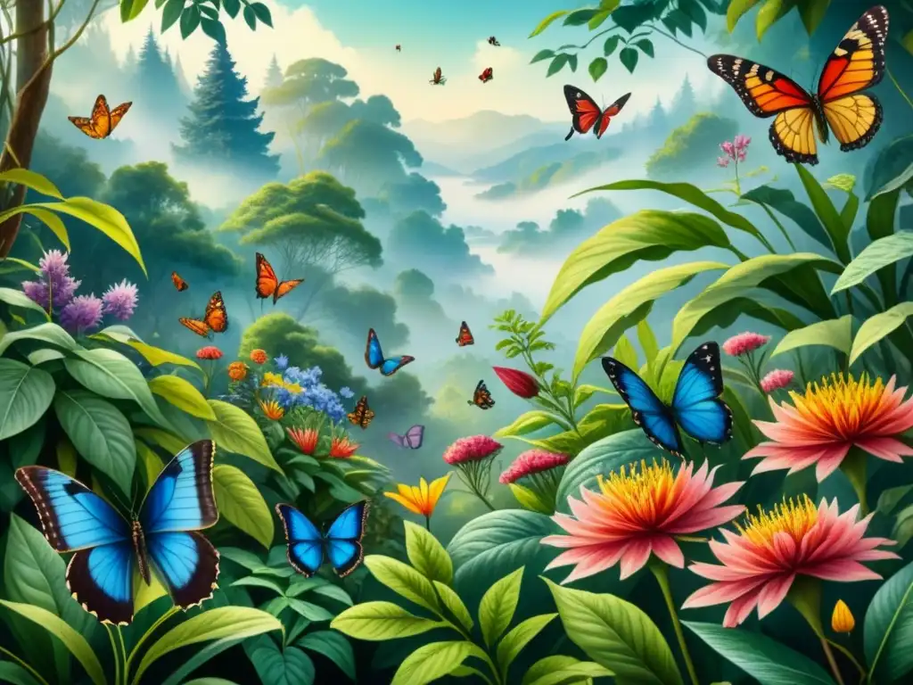 Ilustración botánica que despierta la conciencia ambiental con un jardín exuberante, flores vibrantes y mariposas