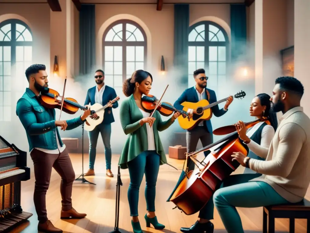 Terapia artística y musical: armonía emocional en acuarela Una conexión profunda entre música, arteterapia e historia, reflejada en una pintura acuarela llena de emoción y concentración