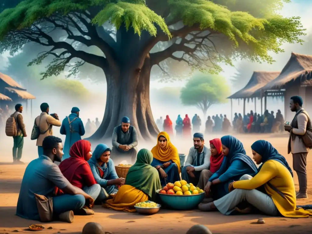 Una conmovedora pintura acuarela de refugiados unidos bajo un árbol, representando esperanza y unidad