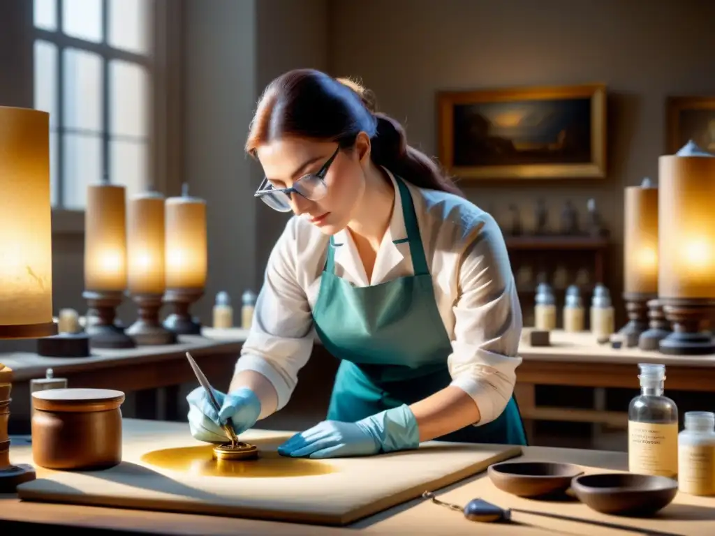 Un conservador restaura con cuidado una antigua pieza bajo luz cálida, rodeado de tecnologías avanzadas en restauración arte