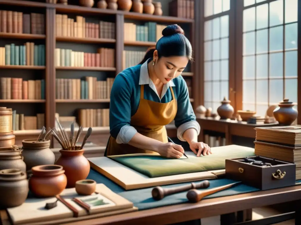 Un conservador restaura una obra maestra en su estudio, capturando la esencia de la conservación y el arte visual