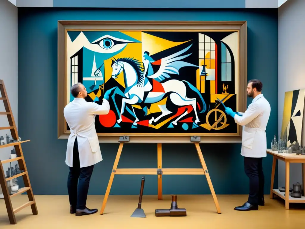 Conservadores restaurando con meticulosidad la obra maestra Guernica de Picasso en un estudio soleado