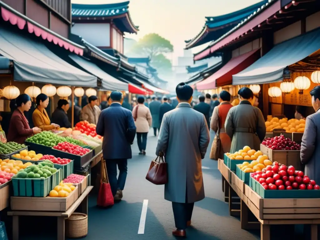 Fotografía contemporánea en Asia: Pintura acuarela de un bullicioso mercado callejero en Tokio, Japón, lleno de vida y color