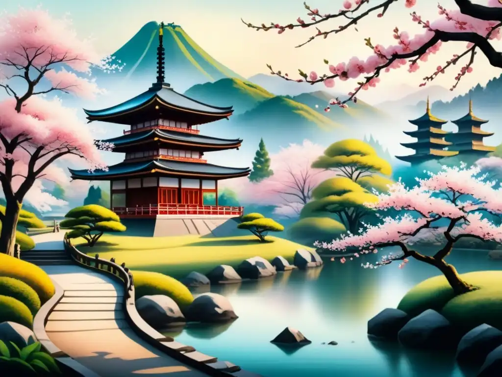 Una ilustración contemporánea en Asia: paisaje japonés sereno con cerezos en flor, pagoda tradicional y arroyo en un exuberante jardín