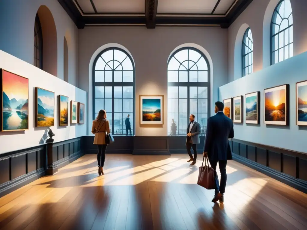 Creación de galería de arte desde cero en acuarela vibrante con diversidad de obras y visitantes admirando las piezas únicas