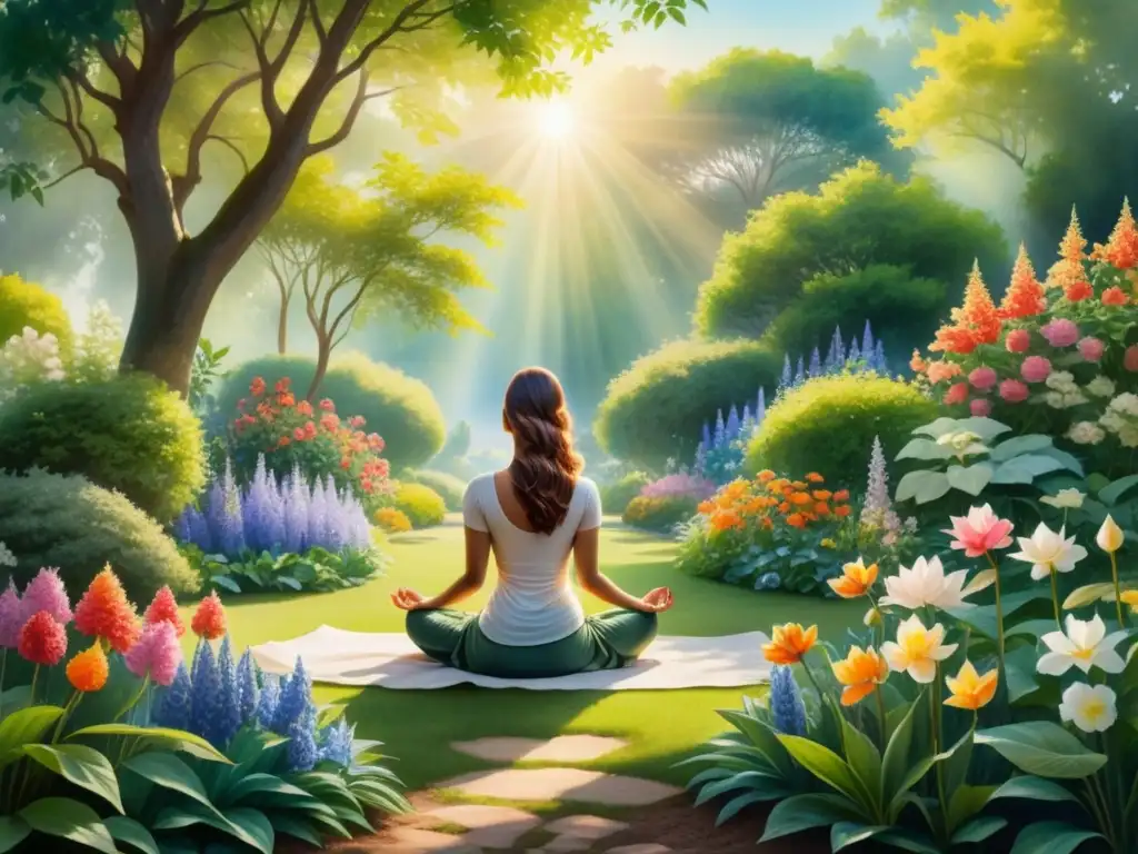 Una creación artística promueve crecimiento espiritual: un jardín vibrante lleno de flores, luz filtrada y serenidad