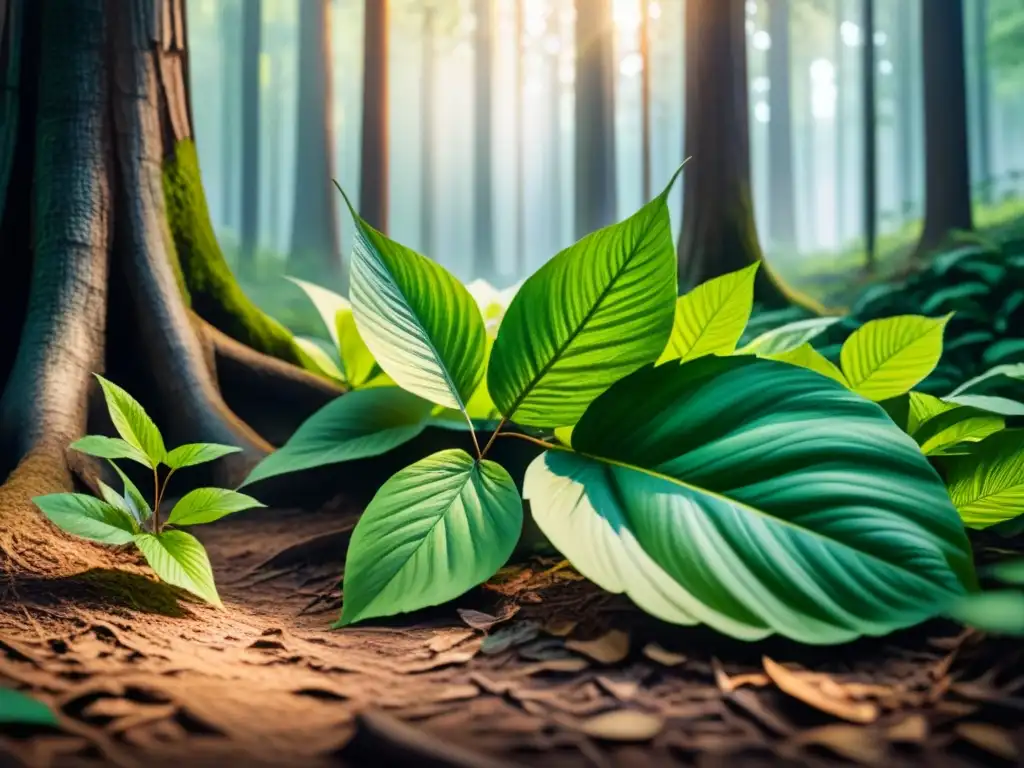 Una creación artística con elementos naturales: detallada acuarela de un bosque sereno con luz solar entre hojas verdes