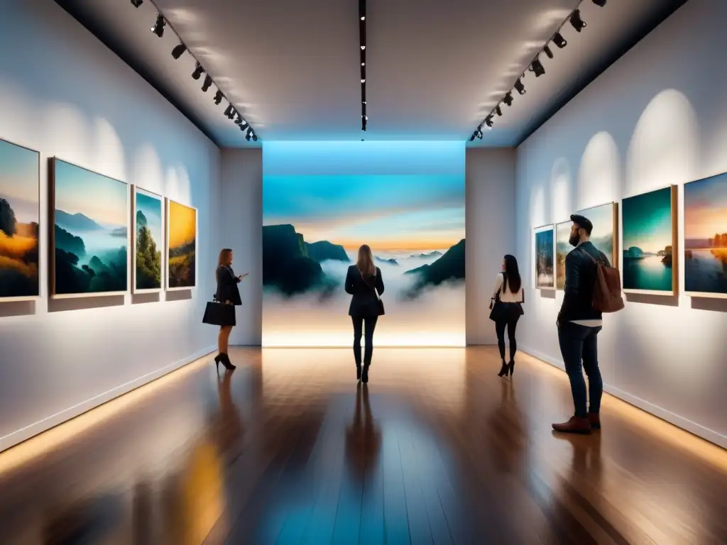 Creación de una galería de arte desde cero con obras vibrantes y visitantes admirando la creatividad en un ambiente cálido y acogedor