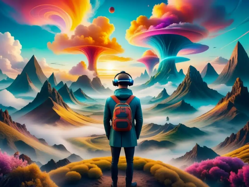 Creaciones surrealistas en Realidad Virtual: paisaje fantástico de colores vibrantes y elementos futuristas, fusionando lo real con lo irreal