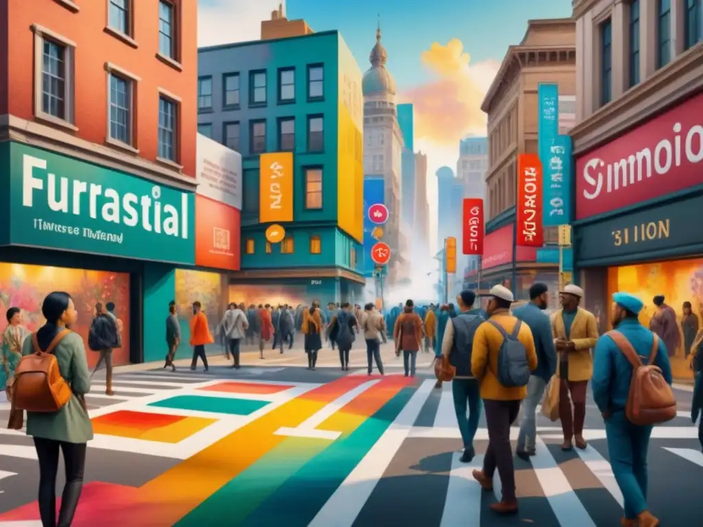 Intersección artística: vibrante ciudad multicultural Un cruce de ciudad vibrante con artistas creando visual poetry, arquitectura moderna y tradicional, murales coloridos y gente diversa