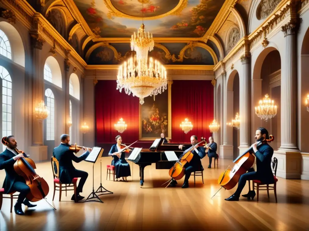 Un cuadro acuarela detallado de una escena de concierto barroco con músicos y una sala opulentamente decorada