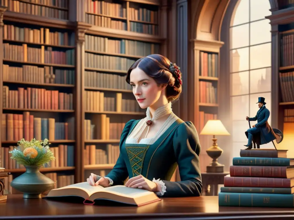 Un cuadro acuarela detallado de icónicos personajes literarios en una biblioteca bulliciosa