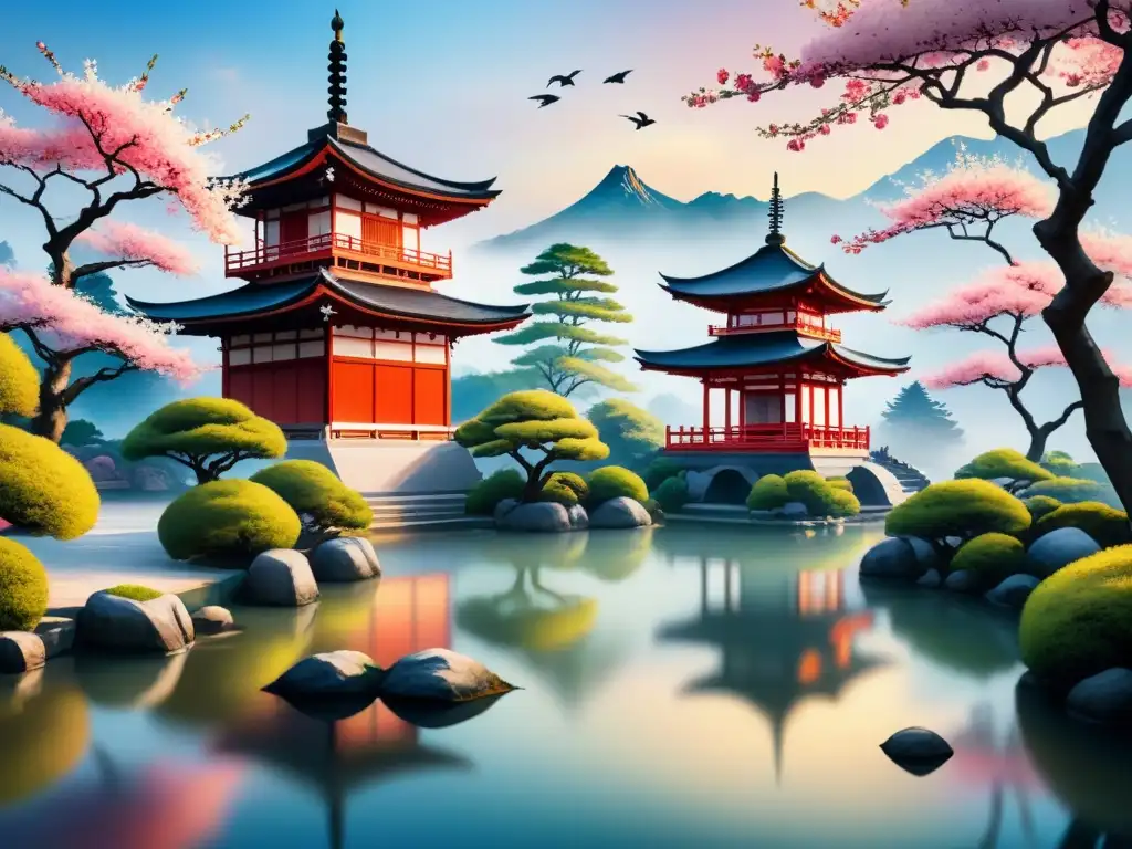 Un cuadro de acuarela detallado con un sereno jardín japonés, pagoda y estanque de peces koi, reflejando colores vibrantes del cielo