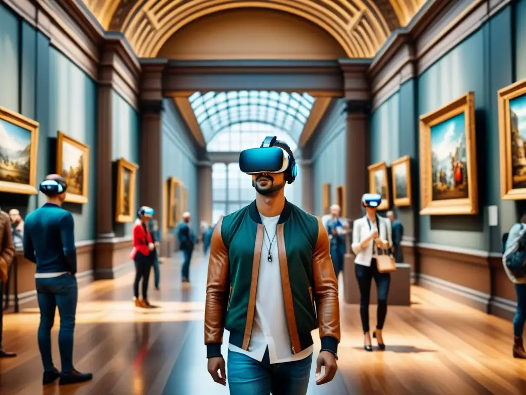 Cuadro acuarela detallado muestra visitantes en museo de arte usando visores de realidad virtual, fusionando tecnología y arte