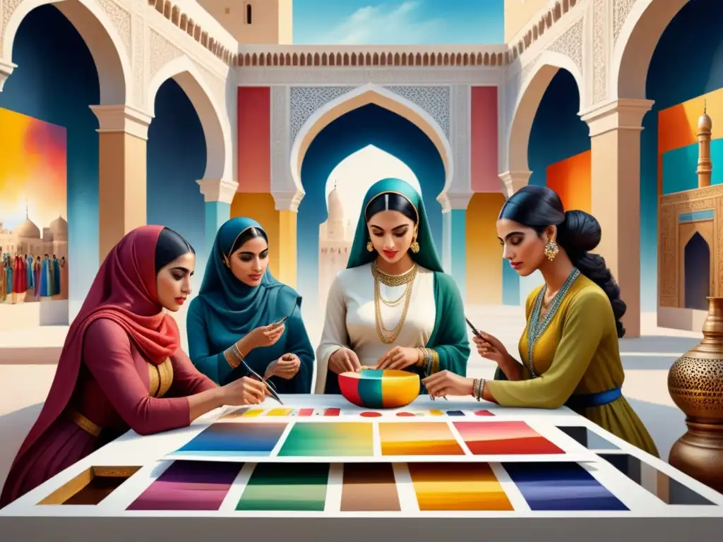 Un cuadro de acuarela intrincado que retrata a un grupo de mujeres artistas diversa del Medio Oriente, creando arte apasionadamente en sus estilos únicos, rodeadas de colores vibrantes y símbolos que representan su herencia cultural