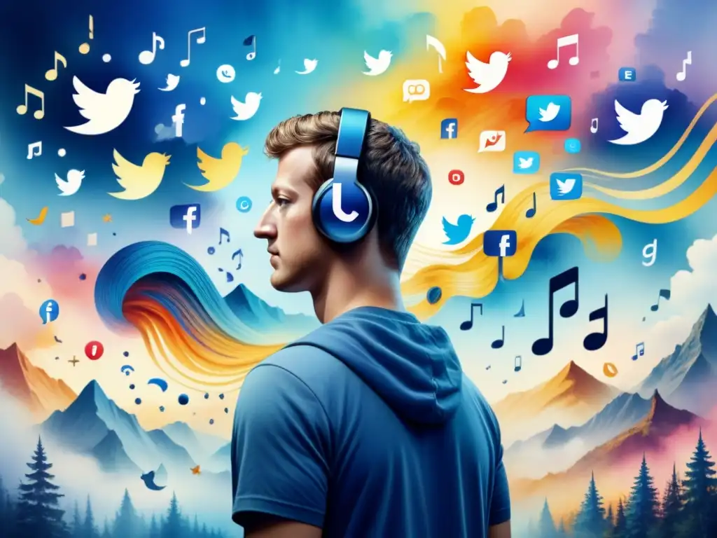 Un cuadro acuarela intrincado fusiona iconos de redes sociales con ondas sonoras y notas musicales, creando una armonía vibrante