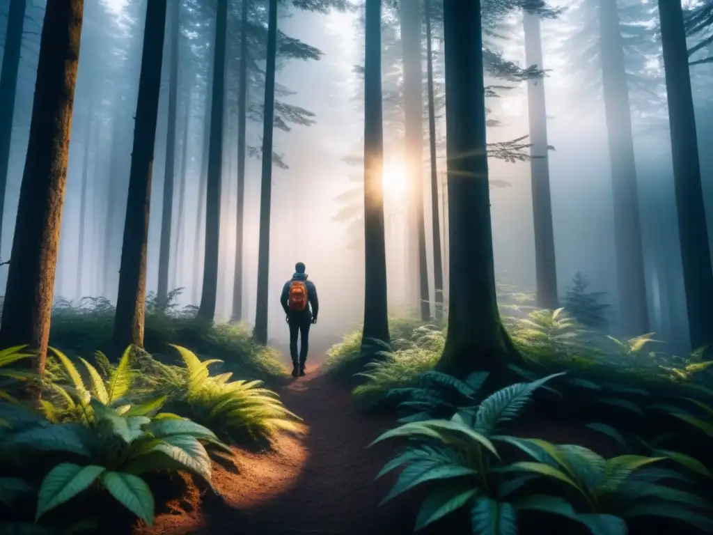 Un cuadro acuarela intrincado muestra a una persona en un bosque oscuro, mirando hacia una luz lejana entre la densa vegetación