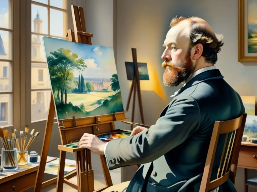 Cuadro de acuarela ultradetallado de Édouard Manet en su estudio iluminado por el sol, rodeado de suministros de arte y lienzos