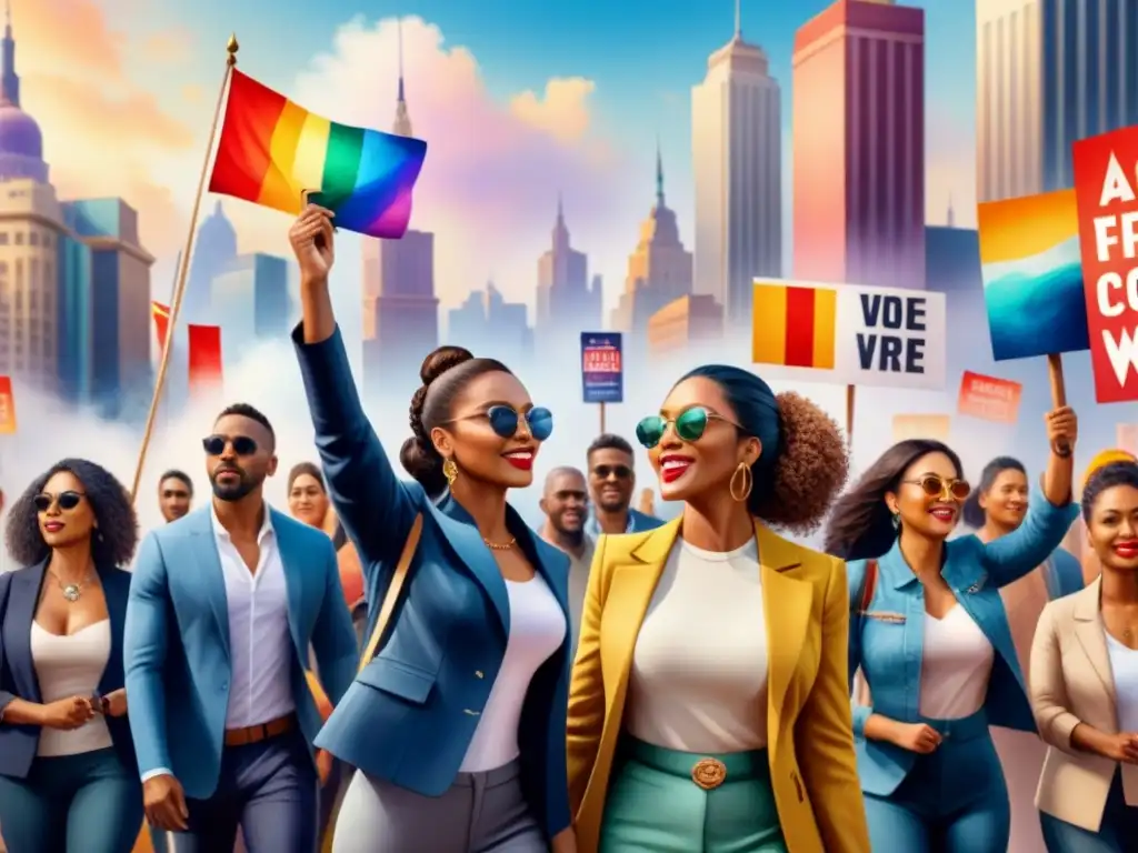 Un cuadro acuarela vibrante que muestra diversidad y unidad en una protesta con megáfonos y arte visual megáfono social