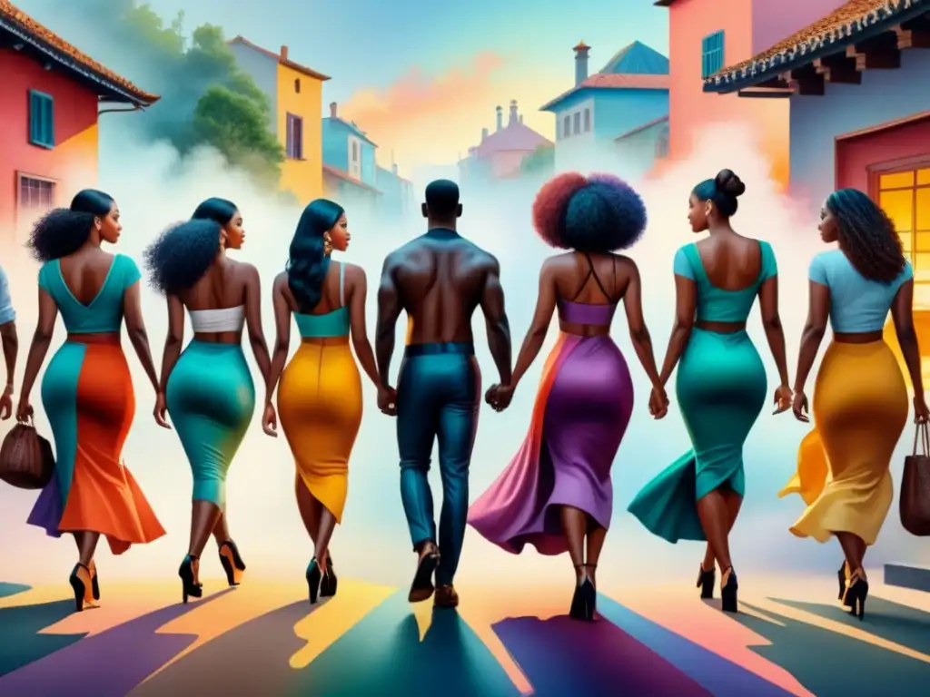 Un cuadro acuarela vibrante que representa la diversidad de identidades en arte postmodernista