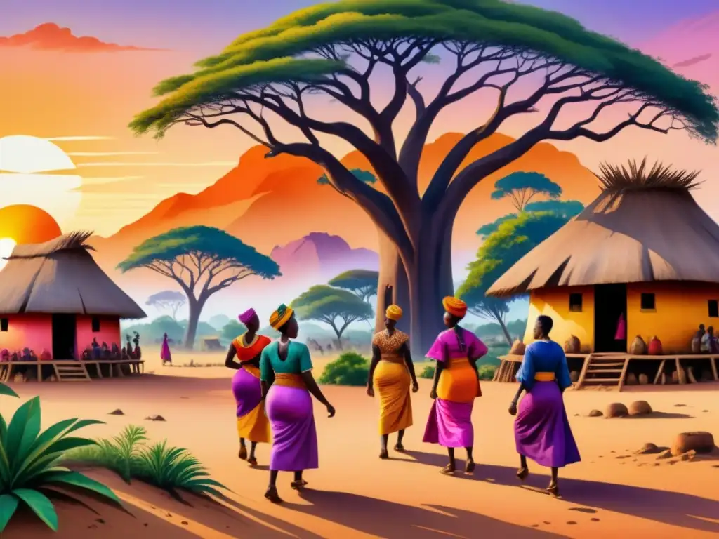 Cuadro de arte africano: aldea vibrante con elementos naturales y baobabs, baile tradicional y colores vibrantes al atardecer