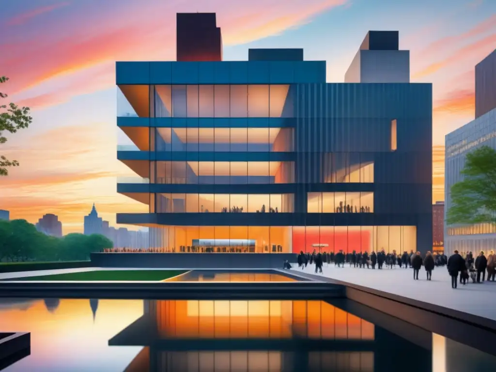 Un cuadro detallado en acuarela del icónico Museo de Arte Moderno (MoMA) en Nueva York al atardecer