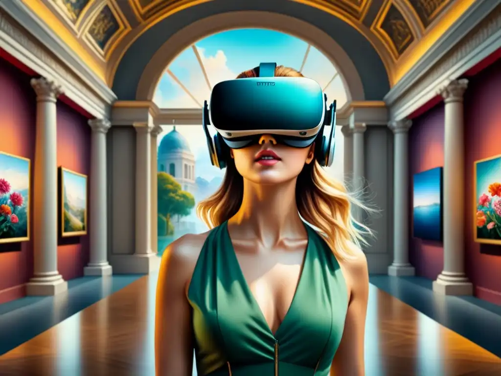 Un cuadro detallado en acuarela con un visor de realidad virtual fusionado en un museo de arte clásico