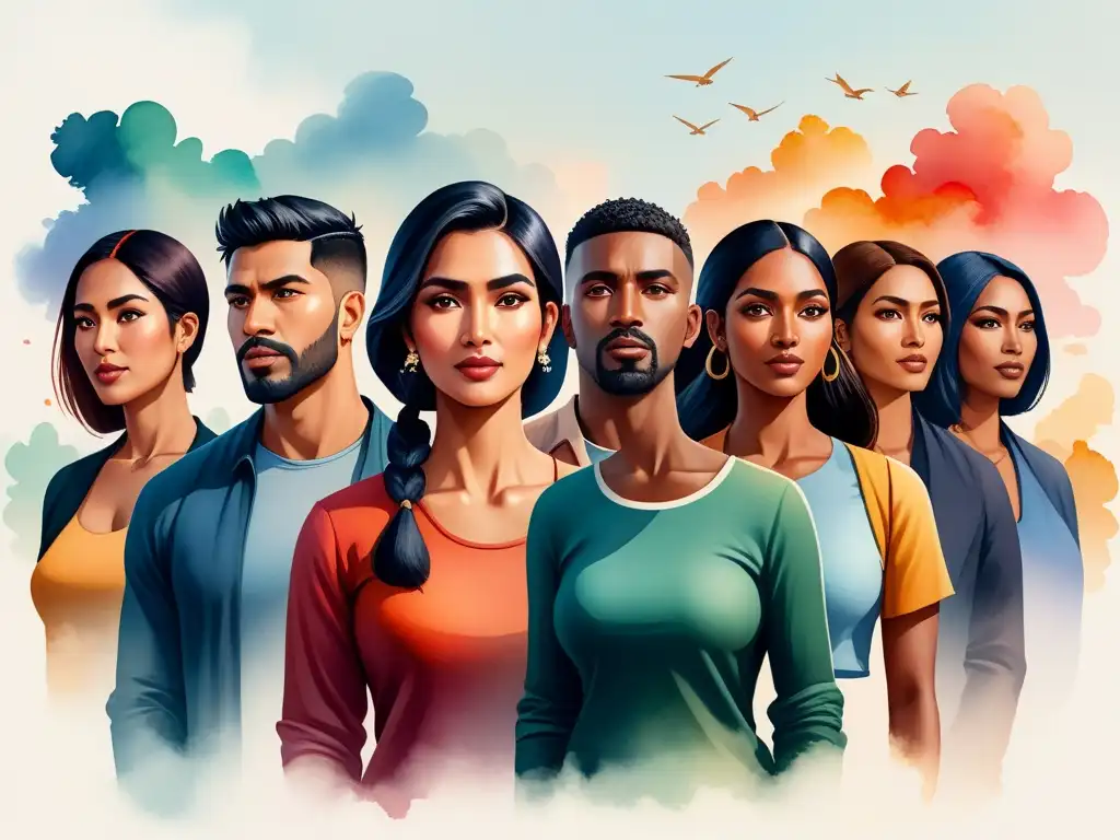 Un cuadro acuarela con personas diversas unidas en solidaridad, mostrando fuerza en la diversidad