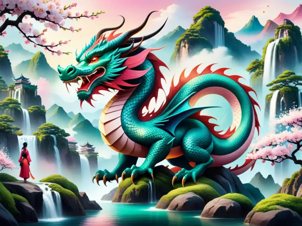 Dragón asiático mítico entre cerezos y cascadas Un cuadro acuarela vibrante con un dragón asiático mítico entre ramas de cerezos, en un paisaje surrealista