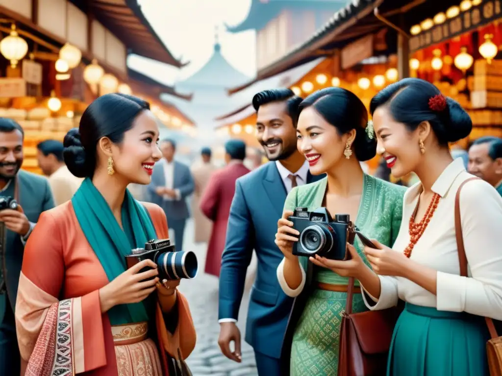 Exploración cultural con cámara analógica: Personas diversas disfrutan la vida en un bullicioso mercado, capturando momentos con cámaras vintage