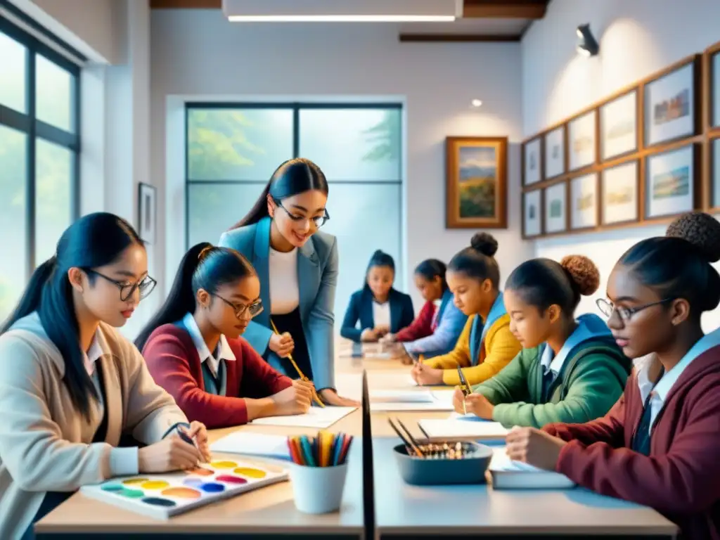 Intersección cultural en el arte: Estudiantes de diversas culturas crean juntos en armonía en un aula colorida