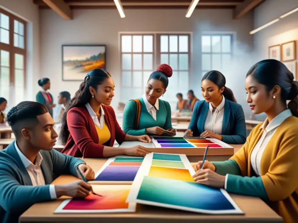 Intersección cultural en el arte: Estudiantes diversos crean juntos en un aula llena de color y creatividad