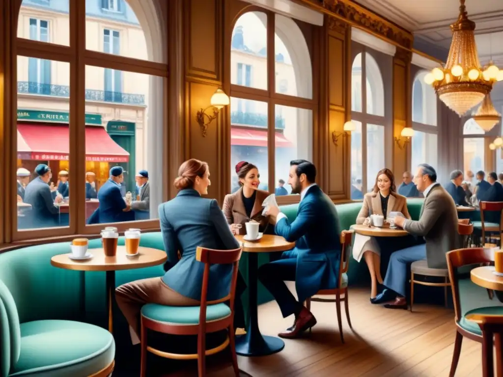 Intersección cultural arte visual: Pintura detallada de un bullicioso café parisino al estilo impresionista