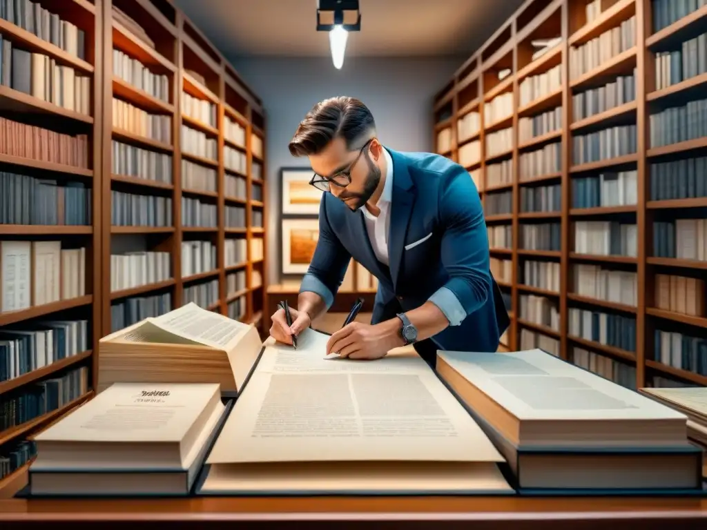 Un curador inspecciona una obra de arte bajo luz suave, rodeado de libros y documentos