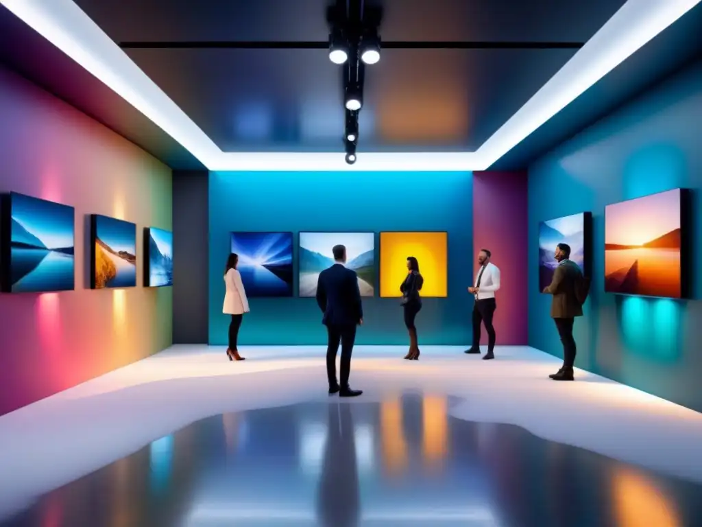 Curaduría de arte entornos virtuales: Galería futurista con obras digitales y elementos interactivos en un ambiente virtual vibrante